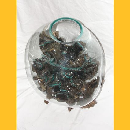 Blumenvasen auf Treibholz / Wurzel-Holz Glas-Vasen: Glasvase Bodenvase